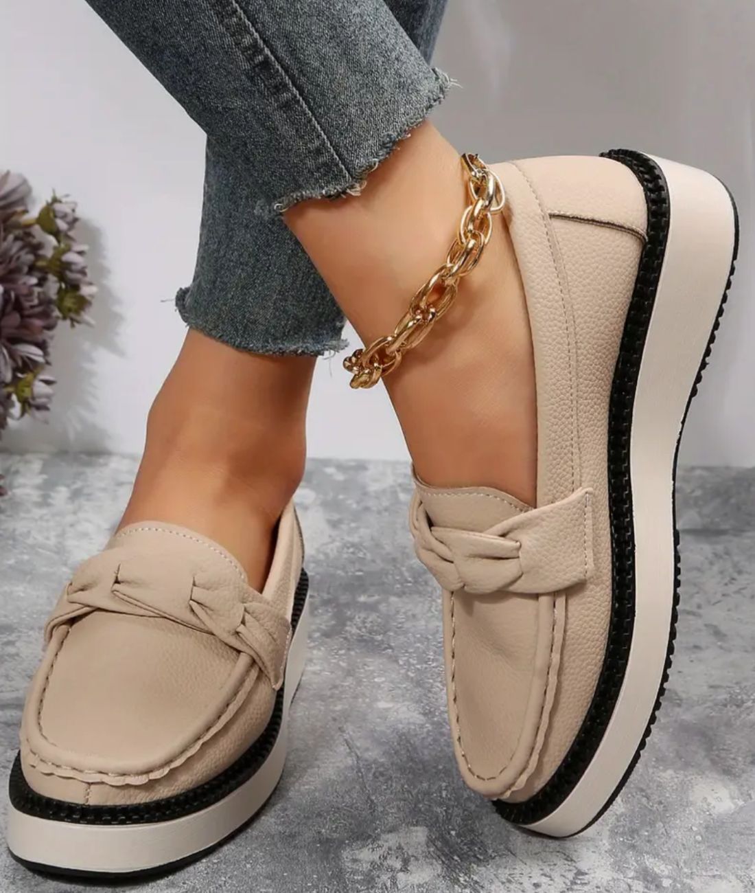 Women’s Platform Leather Loafers in Sand Beige Sole Accent
