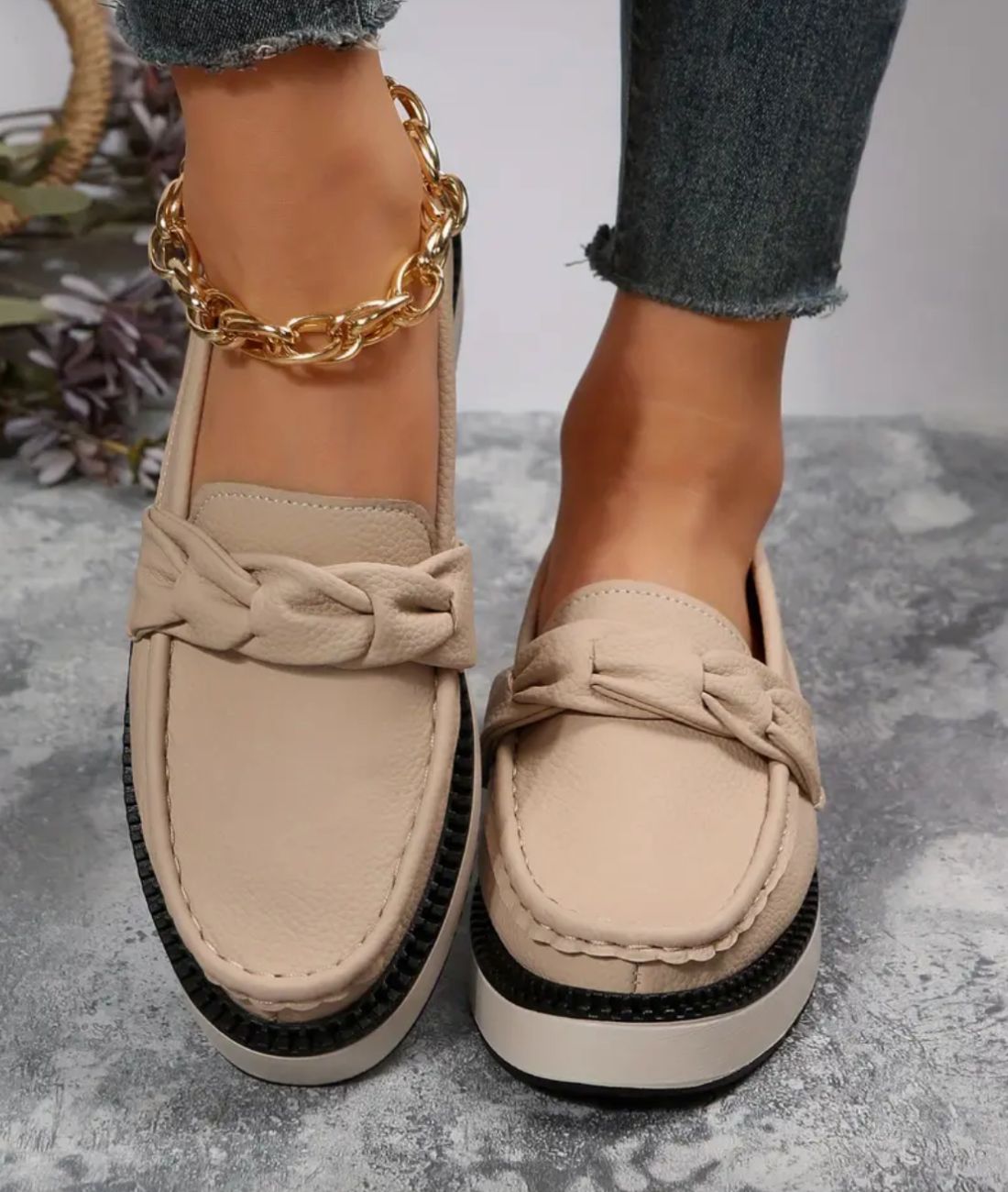 Women’s Platform Leather Loafers in Sand Beige Sole Accent