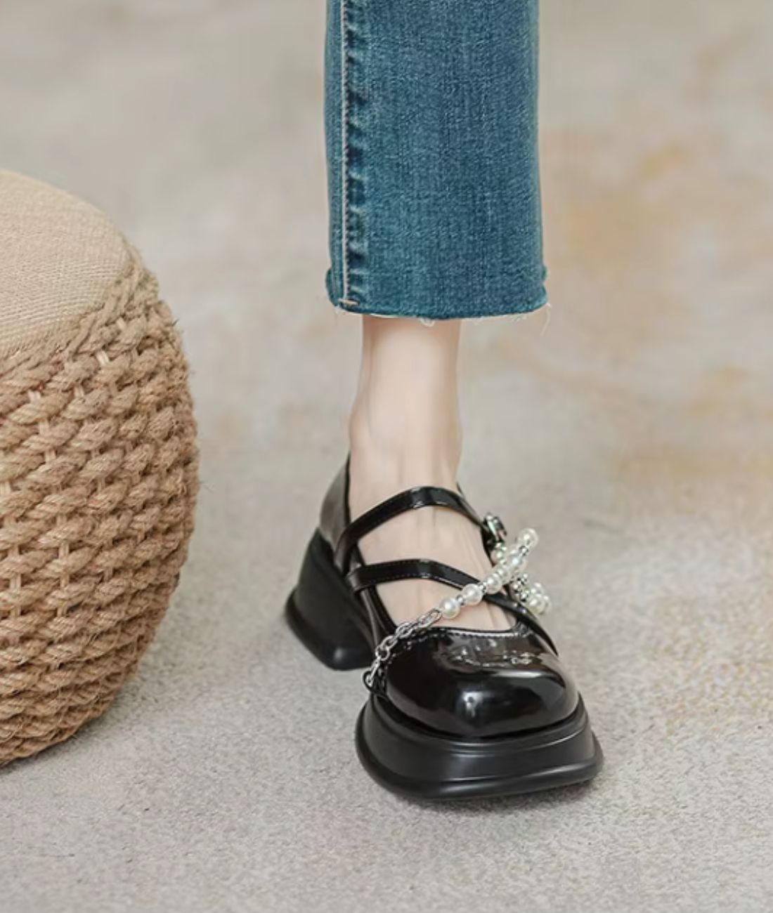 Women’s Platform Patent Leather Round Toe Loafers Deep Black