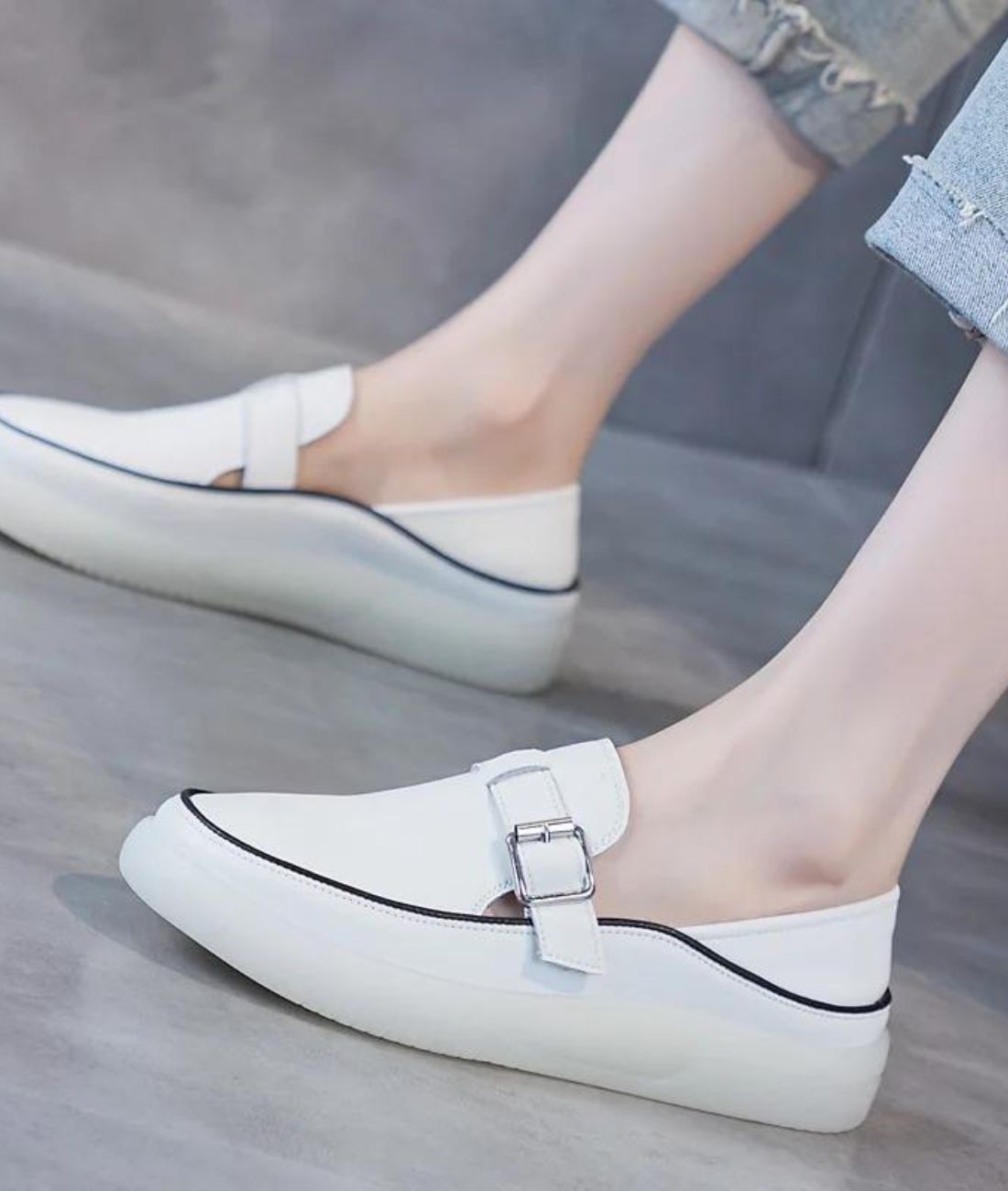 Women’s Platform Leather Loafers Cream With Silver Buckle