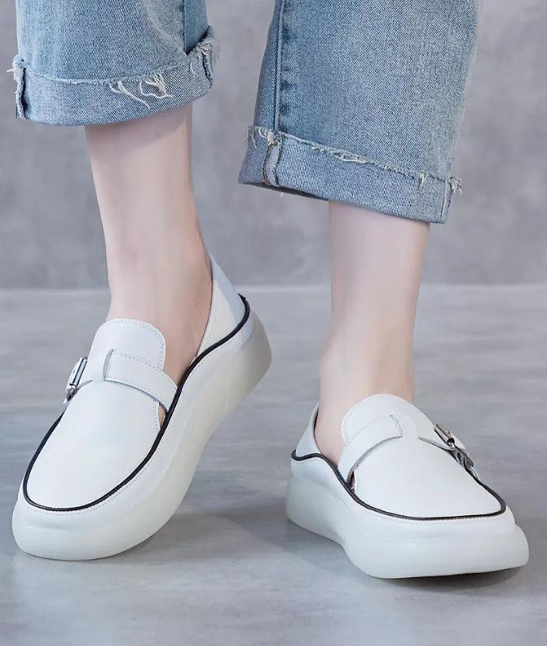 Women’s Platform Leather Loafers Cream With Silver Buckle