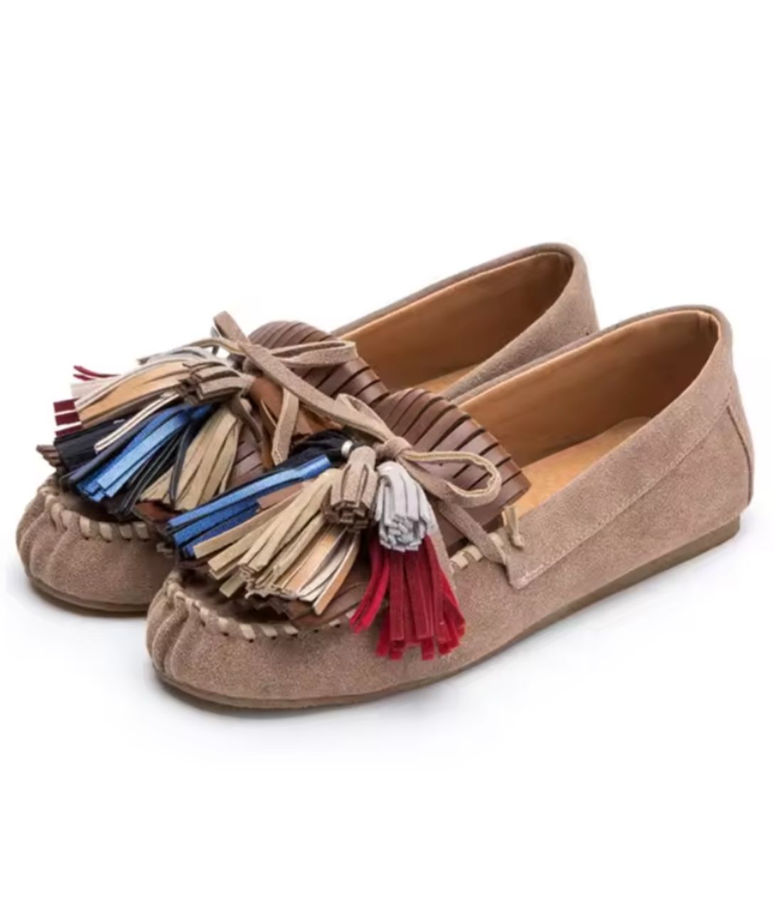Womens Tassel Patent Leather Loafers Sand Beige