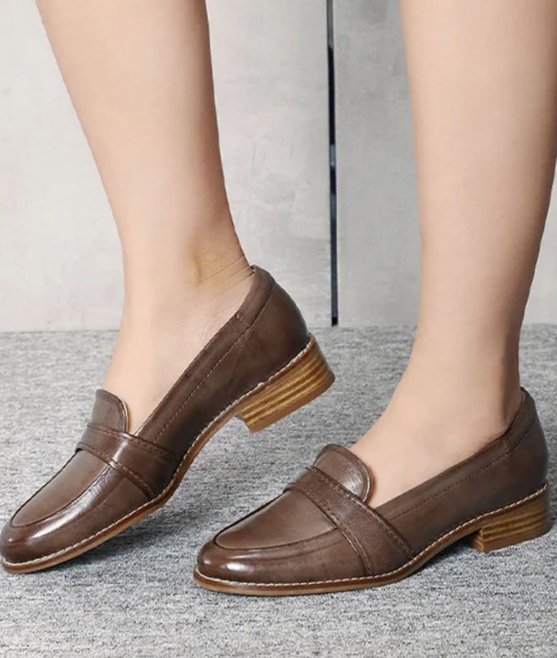 Women’s Low Heel Leather Loafers Coffee Brown
