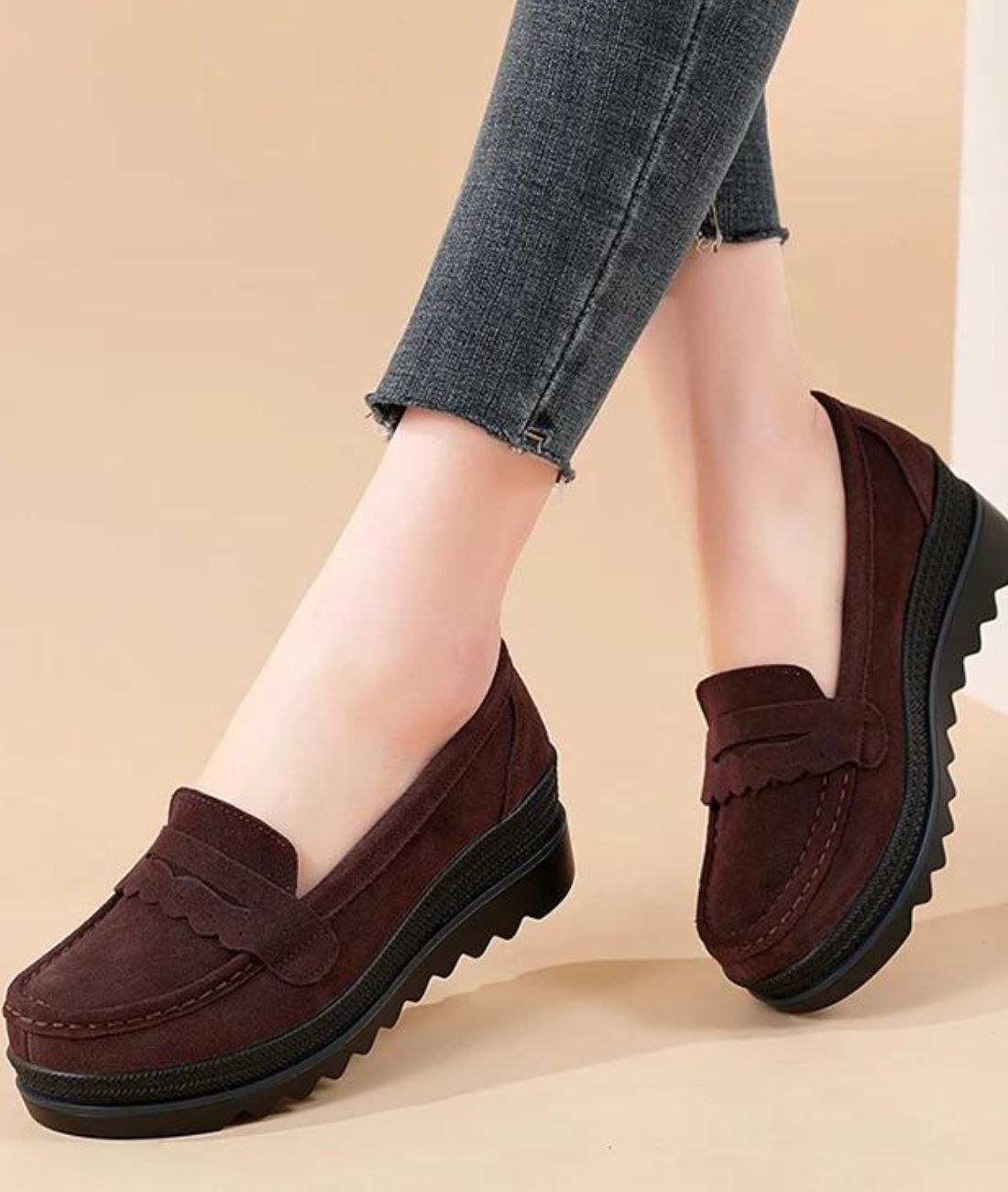 Women’s Low Heel Suede Loafers Cognac Brown