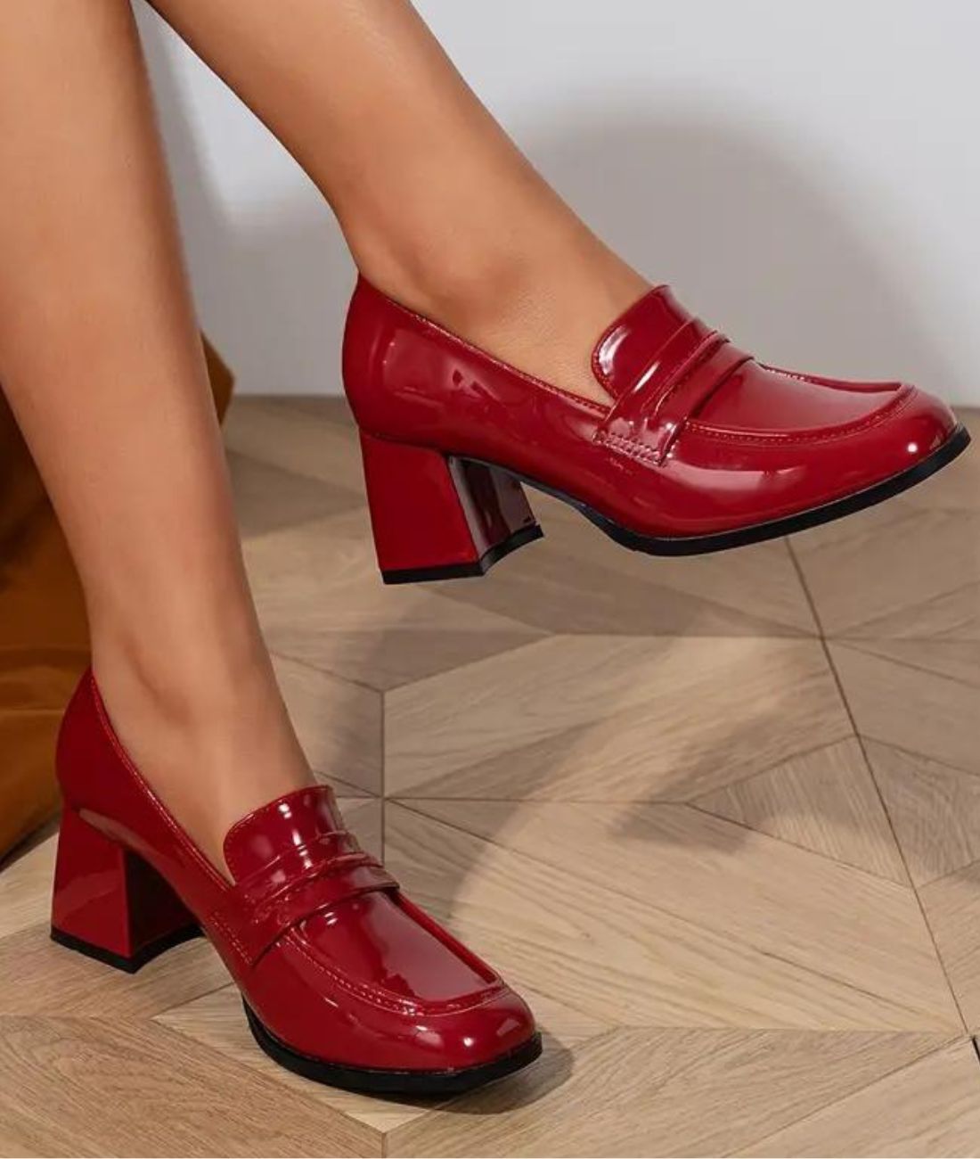 Womens Heeled Patent Leather Loafers Blue Pointed Toe