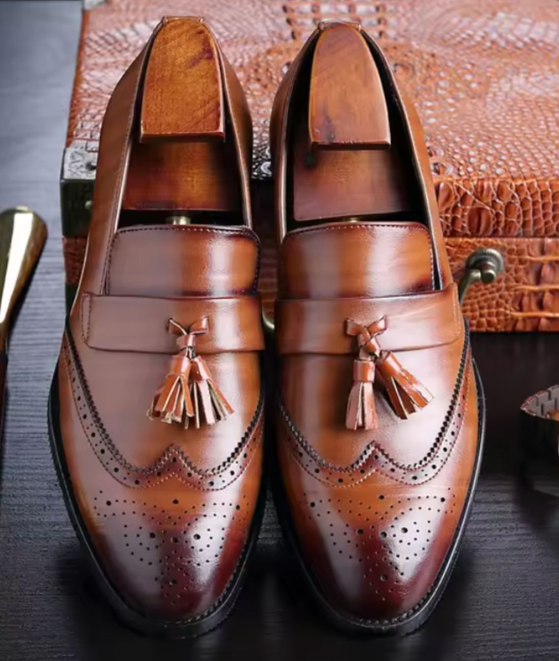 Men’s Tassel Leather Loafers Coffee Brown Pointed Toe