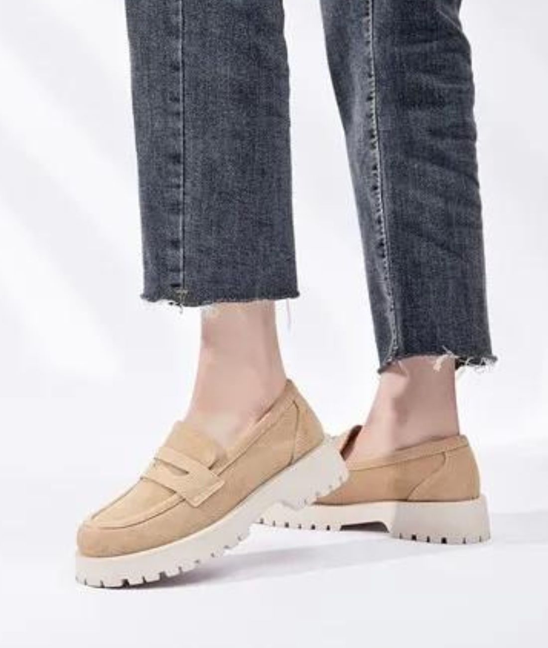Women’s Platform Suede Loafers Sand Beige Lug Sole