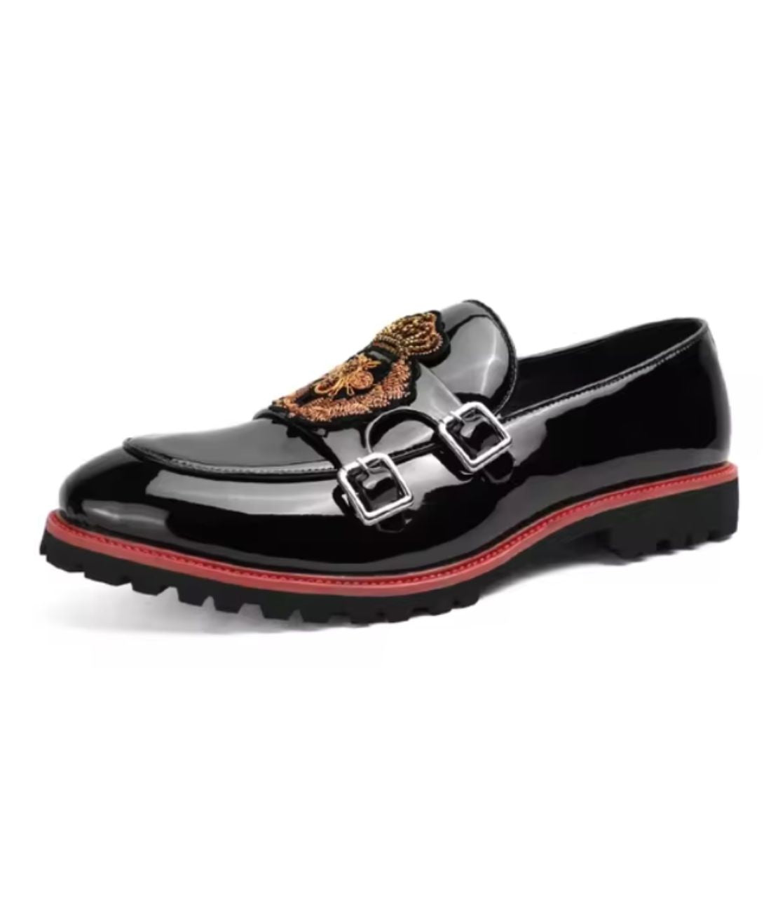 Men’s Slip On Patent Leather Embroidered Loafers Deep Black