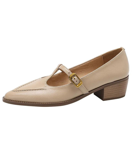 Women’s Low Heel Leather Pointed Toe Loafers Sand Beige