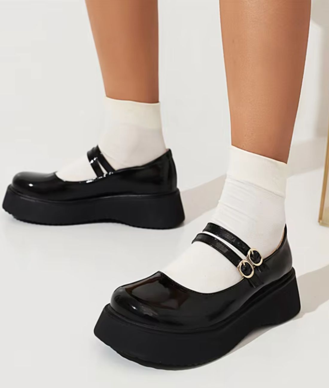 Womens Platform Patent Leather Round Toe Loafers Deep Black
