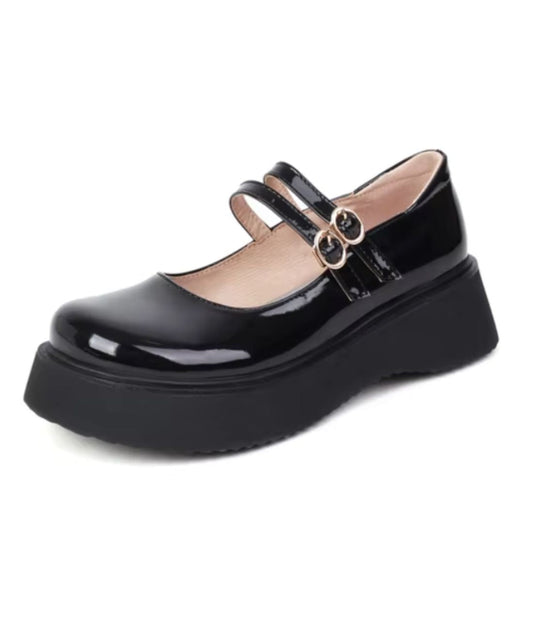 Womens Platform Patent Leather Round Toe Loafers Deep Black
