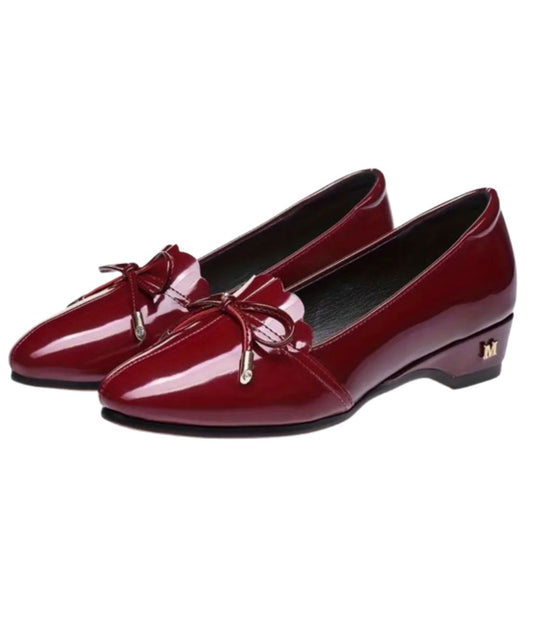 Women’s Low Heel Patent Leather Round Toe Loafers Burgundy