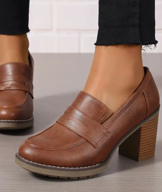 Women’s Chunky Leather Pointed Toe Loafers Coffee Brown