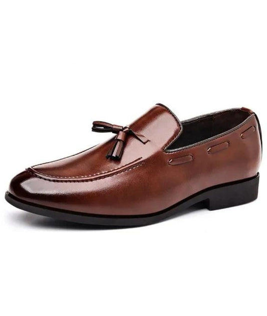 Men’s Tassel Leather Loafers Cognac Brown Pointed Toe
