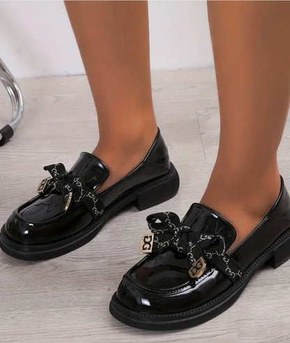 Women’s Slip On Low Heel Patent Leather Loafers Deep Black