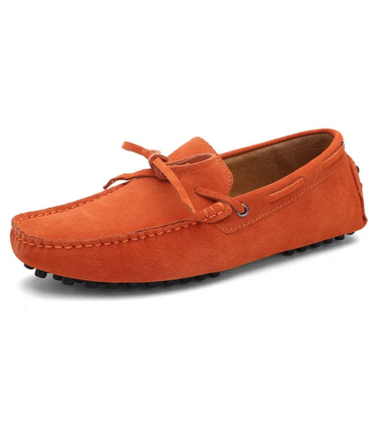Men’s Driving Suede Loafers Vermilion Red Pointed Toe