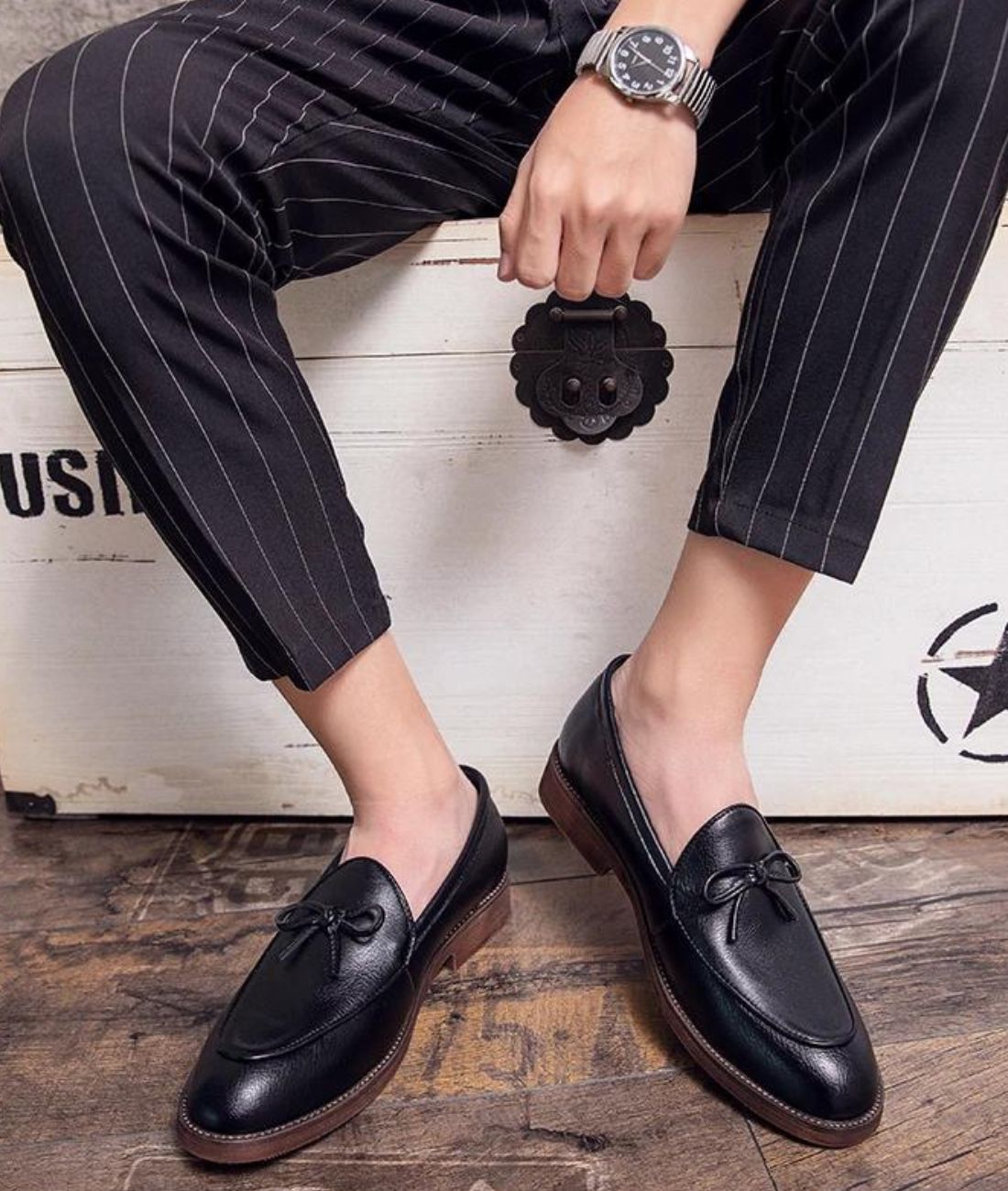 Men’s Slip On Leather Loafers Deep Black Pointed Toe