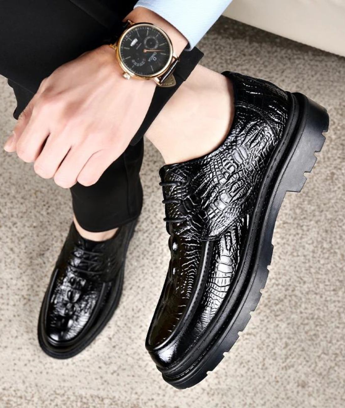 Men’s Chunky Patent Leather Pointed Toe Loafers Deep Black