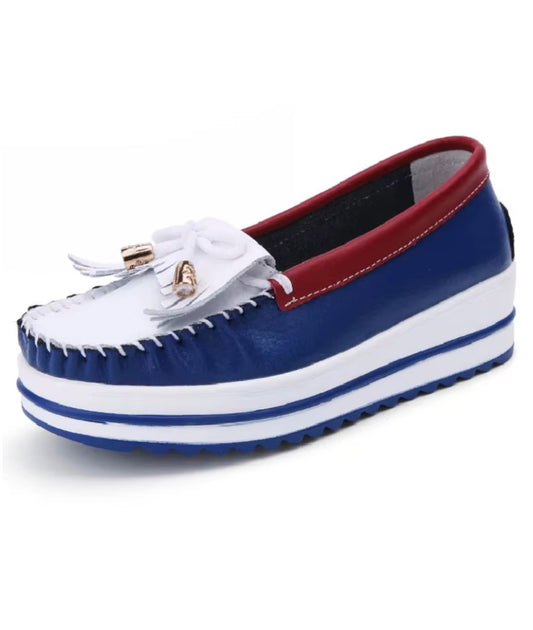 Womens Platform Leather Loafers Blue