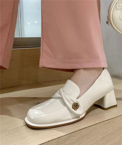 Women’s Heeled Leather Loafers Off White With Round Toe