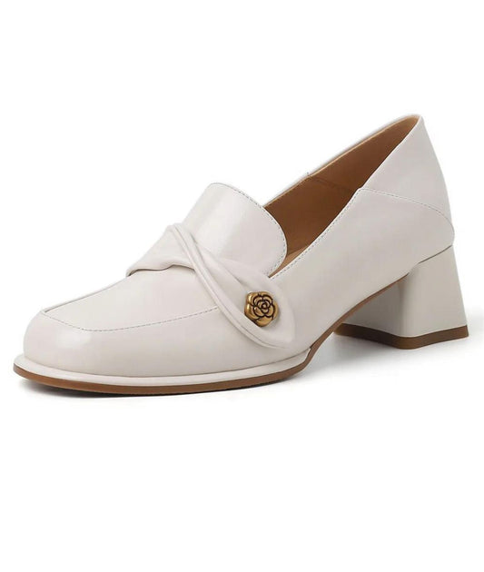 Women’s Heeled Leather Loafers Off White With Round Toe