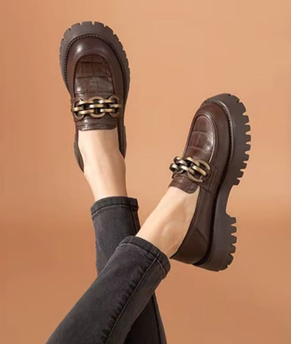 Women’s Chunky Leather Loafers Coffee Brown Pointed Toe