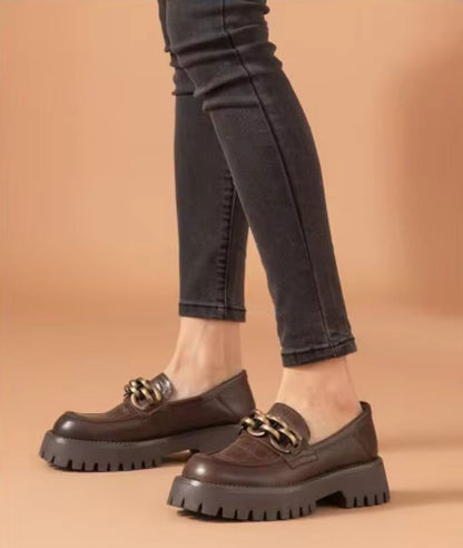 Women’s Chunky Leather Loafers Coffee Brown Pointed Toe