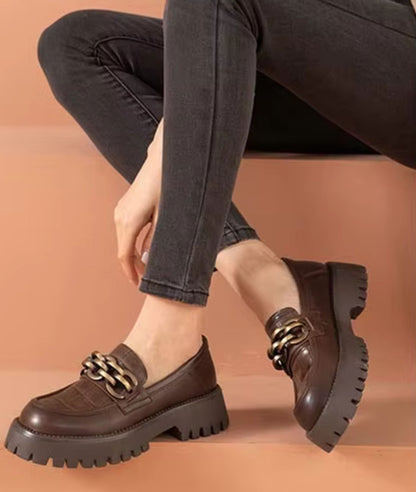 Women’s Chunky Leather Loafers Coffee Brown Pointed Toe