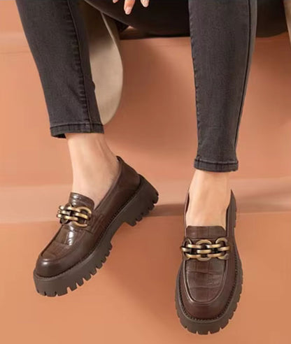 Women’s Chunky Leather Loafers Coffee Brown Pointed Toe
