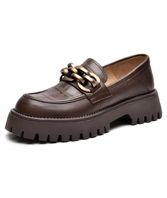 Women’s Chunky Leather Loafers Coffee Brown Pointed Toe