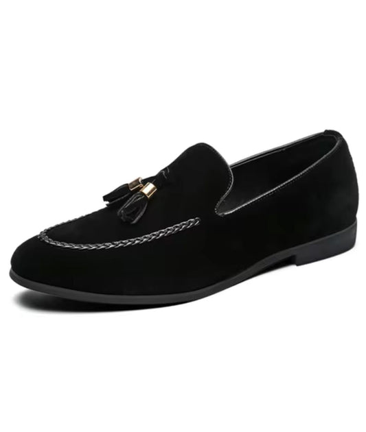 Men’s Tassel Braided Trim Suede Loafers Deep Black