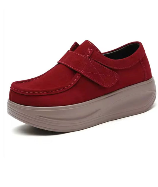 Women’s Platform Suede Loafers With Velcro Strap Vermilion Red
