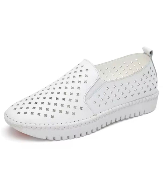 Women’s Cream Slip On Leather Loafers Textured Sole Summer