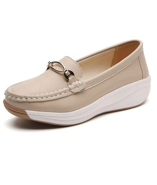Women’s Horsebit Patent Leather Wedge Loafers Sand Beige