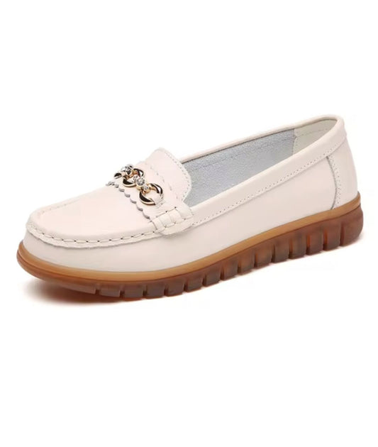 Women’s Slip On Leather Loafers Off White Brown Rubber Sole