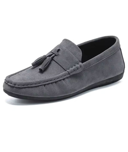 Men’s Tassel Suede Loafers Grey Pointed Toe Patent