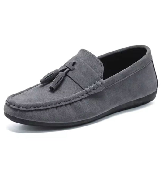 Men’s Tassel Suede Loafers Grey Pointed Toe Patent