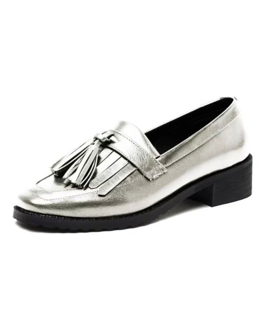Womens Tassel Patent Leather Loafers Grey Pointed Toe