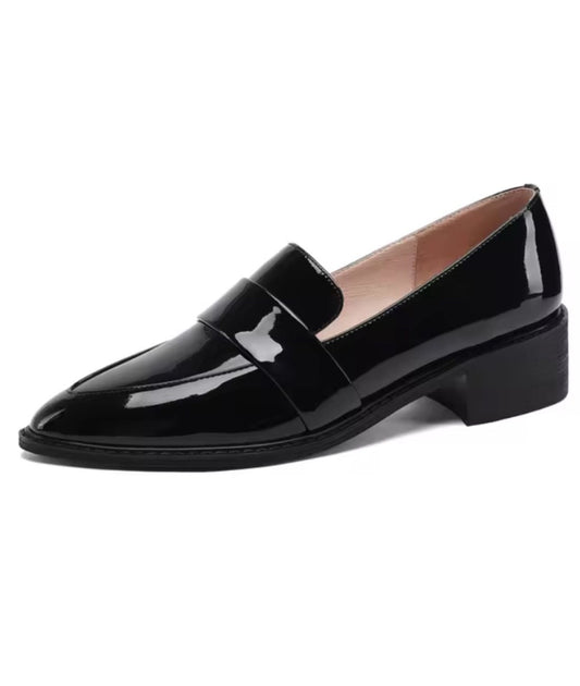 Women’s Low Heel Patent Leather Loafers Deep Black