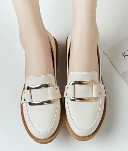Women’s Slip On Leather Loafers Cream Pointed Toe Detail