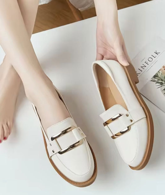 Women’s Slip On Leather Loafers Cream Pointed Toe Detail