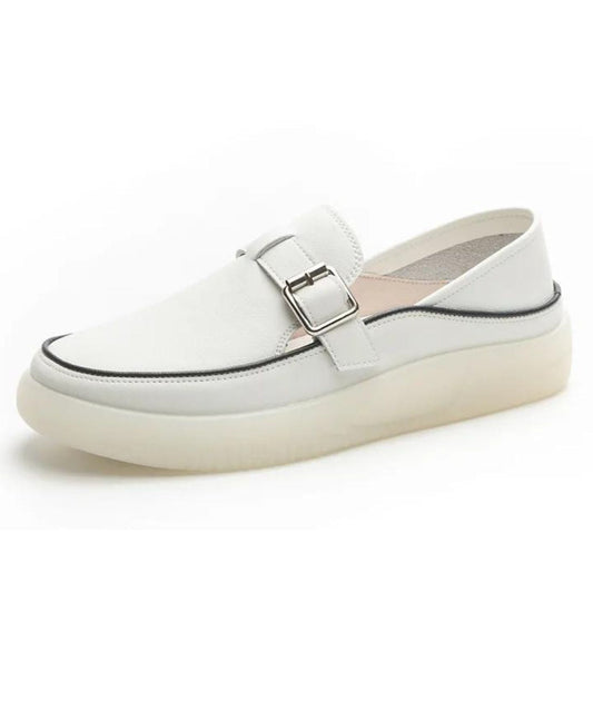 Women’s Platform Leather Loafers Cream With Silver Buckle