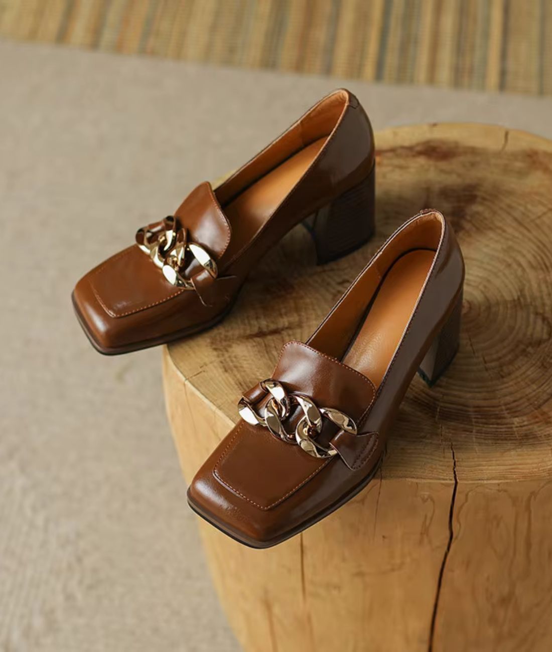 Women’s Chunky Patent Leather Loafers Cognac Brown