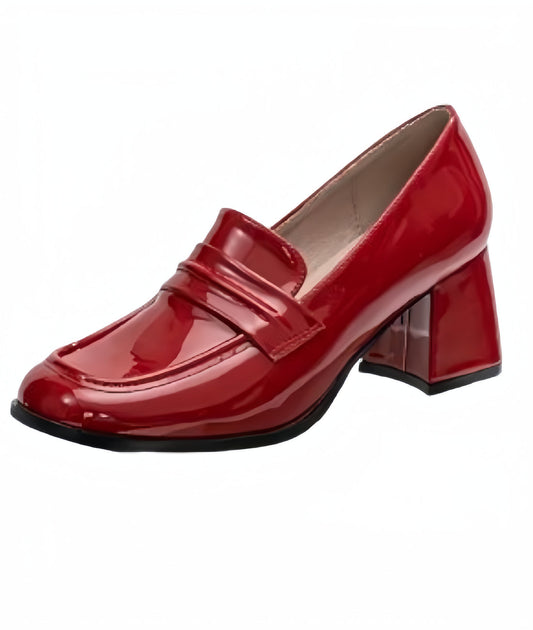 Womens Heeled Patent Leather Loafers Blue Pointed Toe