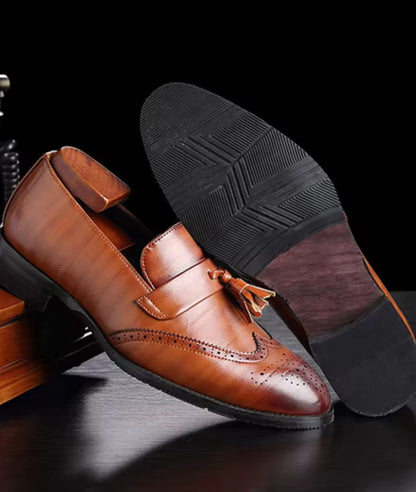 Men’s Tassel Leather Loafers Coffee Brown Pointed Toe
