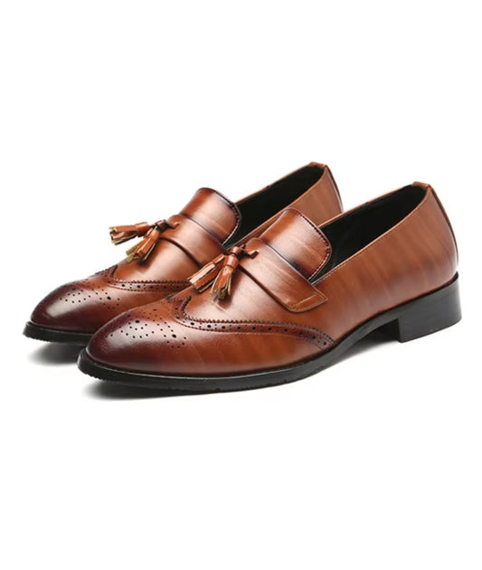 Men’s Tassel Leather Loafers Coffee Brown Pointed Toe