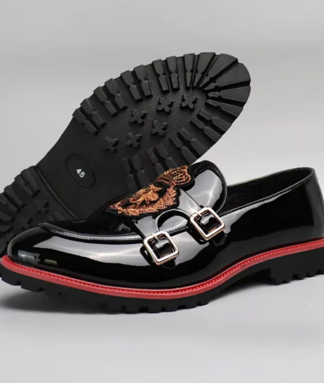 Men’s Slip On Patent Leather Embroidered Loafers Deep Black