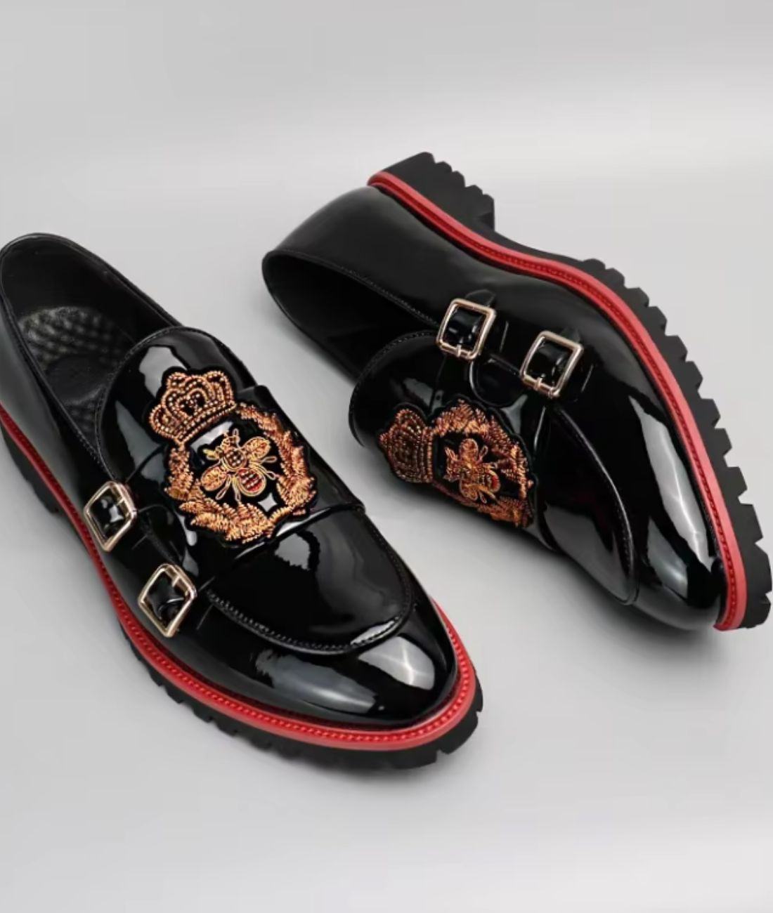 Men’s Slip On Patent Leather Embroidered Loafers Deep Black