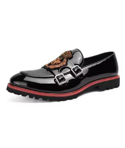 Men’s Slip On Patent Leather Embroidered Loafers Deep Black