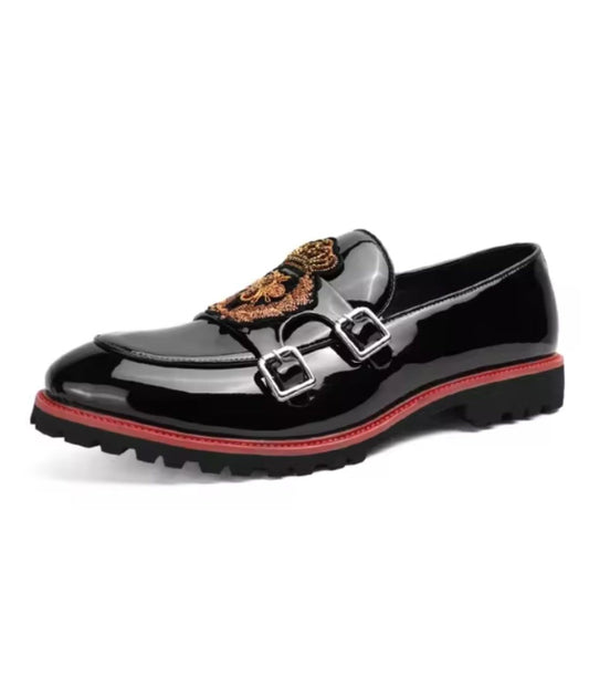 Men’s Slip On Patent Leather Embroidered Loafers Deep Black